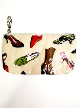 Nick & Nora Beige Patent Shoe-Print Cosmetic Pouch with Multicolor Shoes